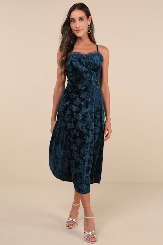 Lulus Considered Glamour Dark Teal Crushed Velvet Buster Midi Dress In Teal