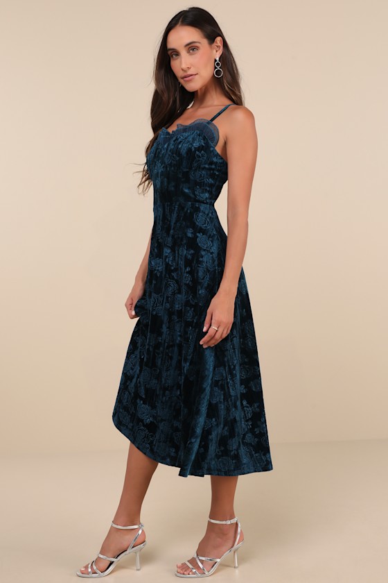 Considered Glamour Dark Teal Crushed Velvet Buster Midi Dress