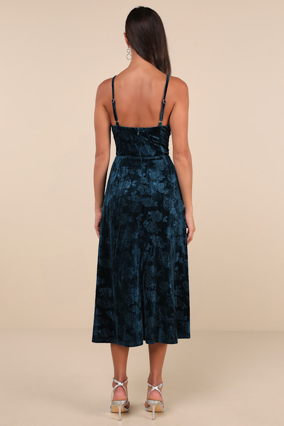 Lulus Considered Glamour Dark Teal Crushed Velvet Buster Midi Dress In Teal
