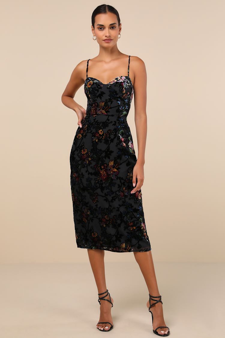 Moody Allure Black Floral Velvet Burnout Lace-Up Midi Dress