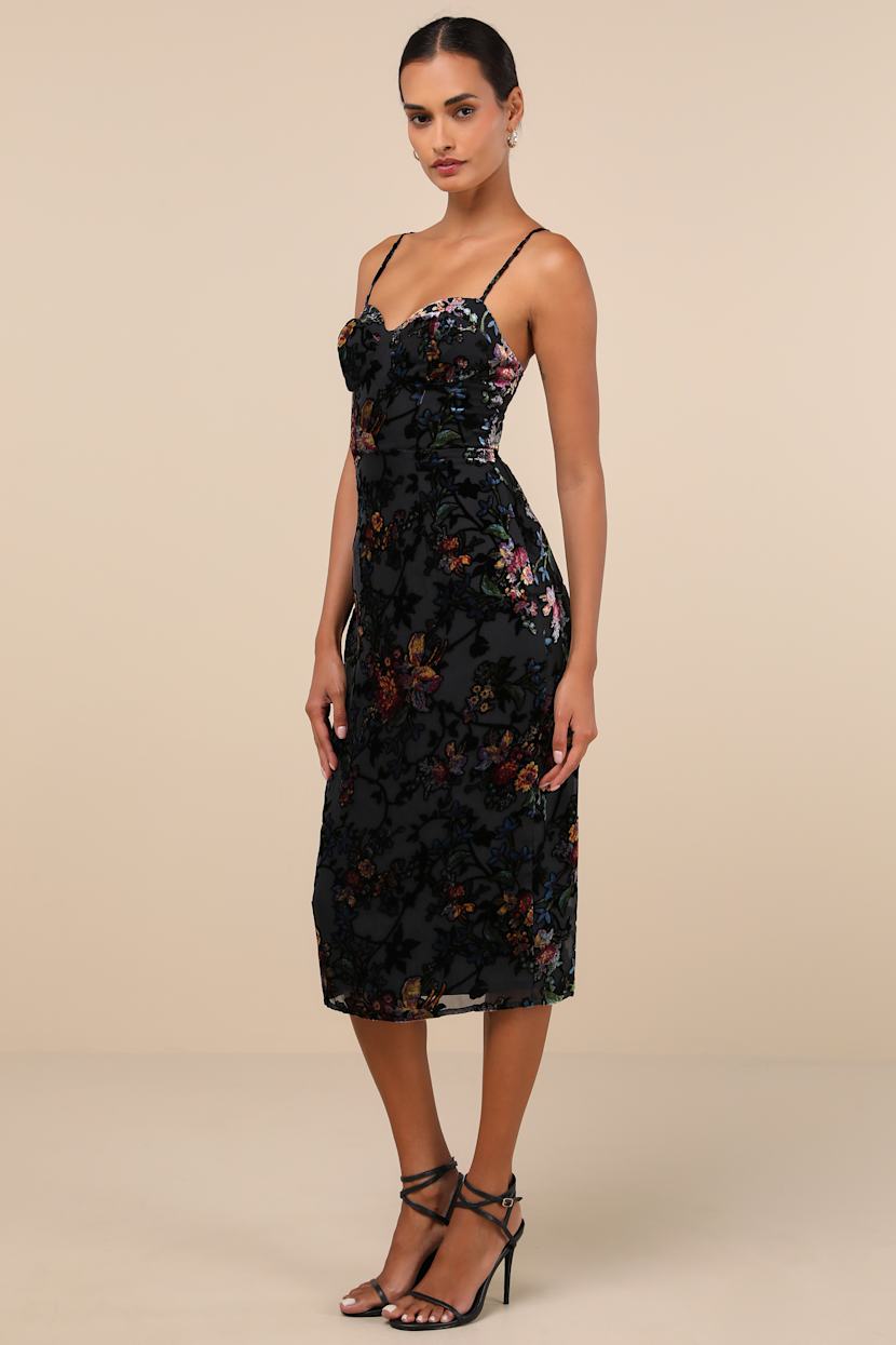 Black Floral Dress - Velvet Burnout Dress - Lace-Up Midi Dress - Lulus Black Floral Dress - Velvet Burnout Dress - Lace-Up Midi Dress - Lulus