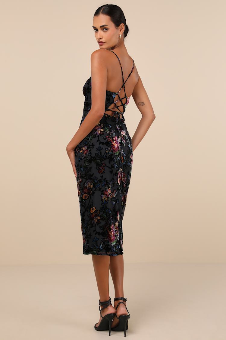Black Floral Dress - Velvet Burnout Dress - Lace-Up Midi Dress - Lulus