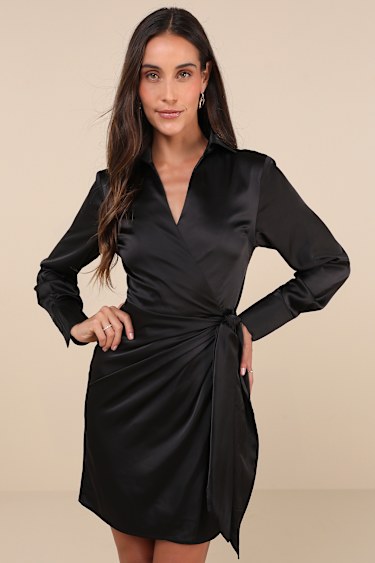 Black Satin Dress - Satin Wrap Dress - Long Sleeve Mini Dress - Lulus