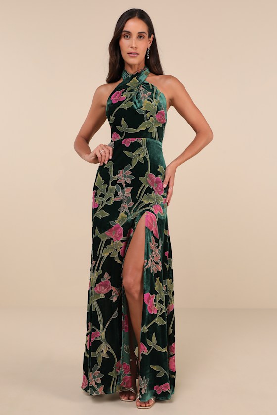 Lulus Flawlessly Gorgeous Green Burnout Floral Halter Maxi Dress In Green
