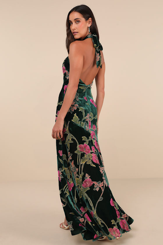 Flawlessly Gorgeous Green Burnout Floral Halter Maxi Dress 3