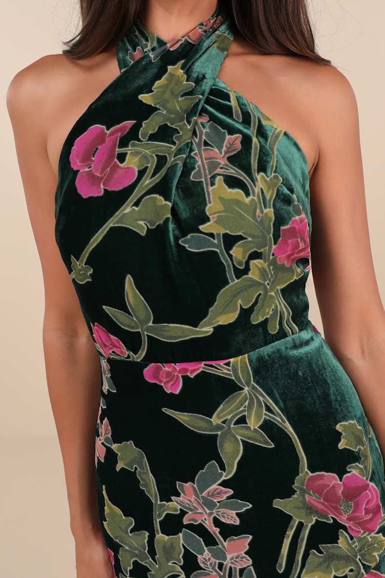 Flawlessly Gorgeous Green Burnout Floral Halter Maxi Dress
