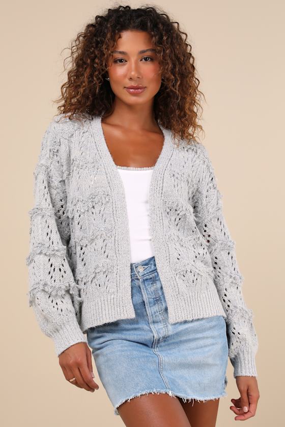 Cutest Coziness Grey Textured Balloon Sleeve Cardigan Sweater 1