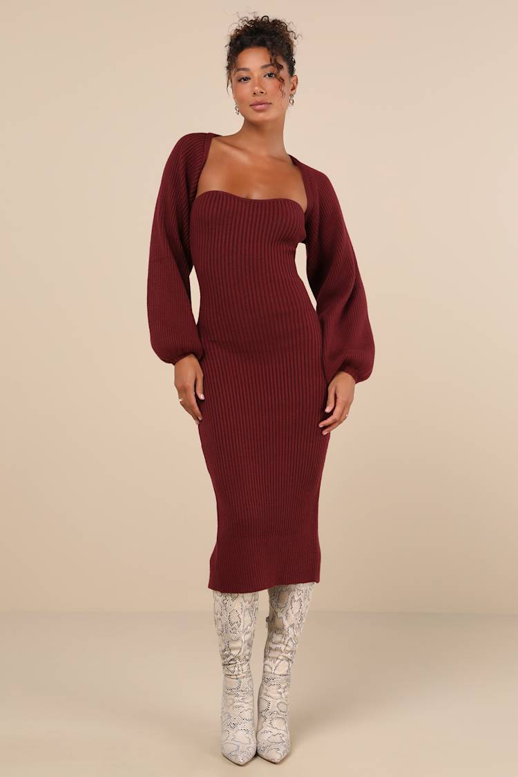 princess polly baby blue dress Two-Piece Sweater Set - Burgundy Sweater Dress - Two-Piece Set