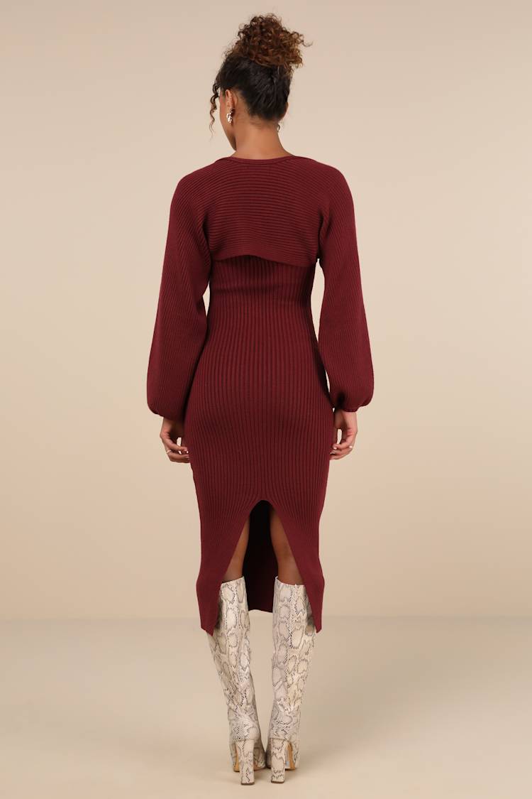 Autumn Aura Burgundy Ribbed Two-Piece Sweater Dress