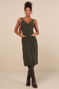Certainly the Sweetest Olive Corduroy Button-Front Midi Dress 4