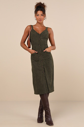 Certainly the Sweetest Olive Corduroy Button-Front Midi Dress 4