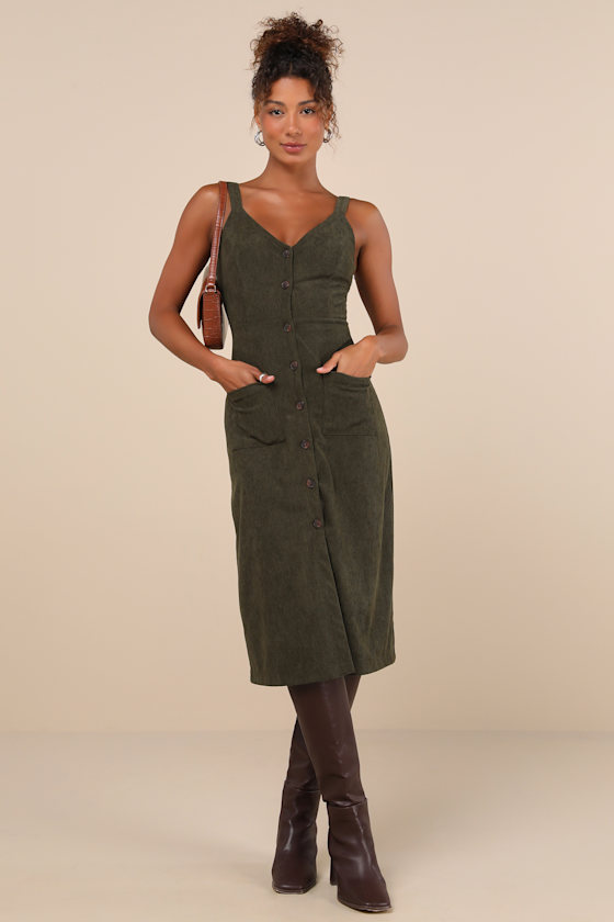 Certainly the Sweetest Olive Corduroy Button-Front Midi Dress 4