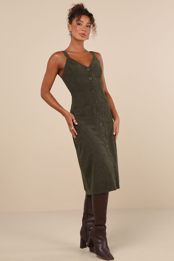 Lulus Certainly The Sweetest Olive Corduroy Button-front Midi Dress In Green