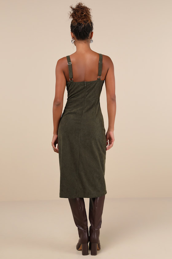 Lulus Certainly The Sweetest Olive Corduroy Button-front Midi Dress In Green