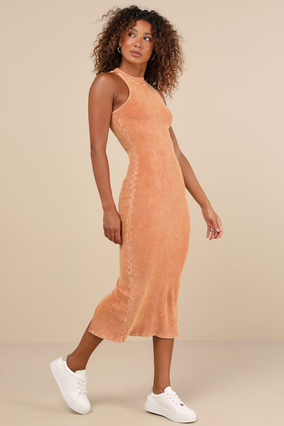 Lulus Essentially Sweet Washed Orange Ribbed Sleeveless Midi Dress In Orange