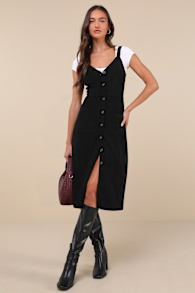 Certainly the Sweetest Black Corduroy Button-Front Midi Dress 5