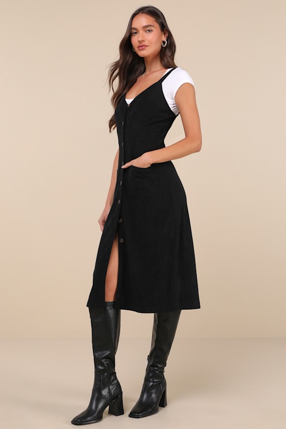 Certainly the Sweetest Black Corduroy Button-Front Midi Dress 2