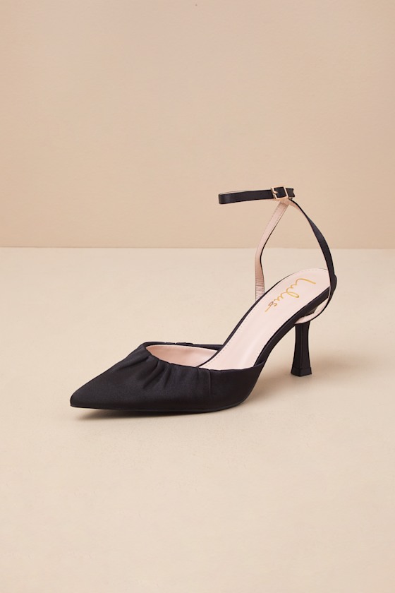 Lulus Margot Black Satin Pointed-toe Ankle Wrap High Heel In Black
