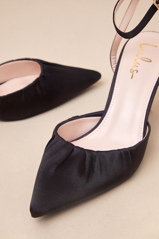 Lulus Margot Black Satin Pointed-toe Ankle Wrap High Heel In Black