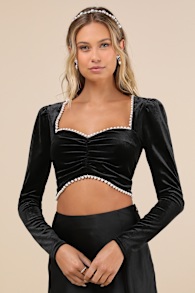 Opulent Moment Black Velvet Beaded Long Sleeve Crop Top 4