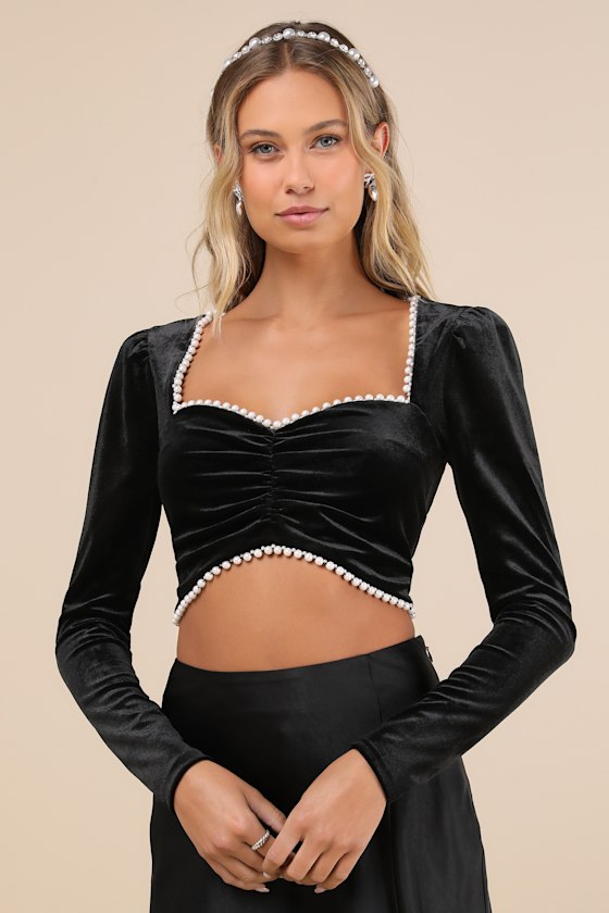 Opulent Moment Black Velvet Beaded Long Sleeve Crop Top 4