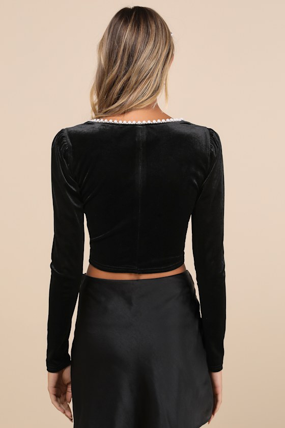 Opulent Moment Black Velvet Beaded Long Sleeve Crop Top 1