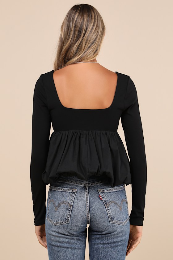Lulus Compelling Delight Black Long Sleeve Bubble Hem Top In Black