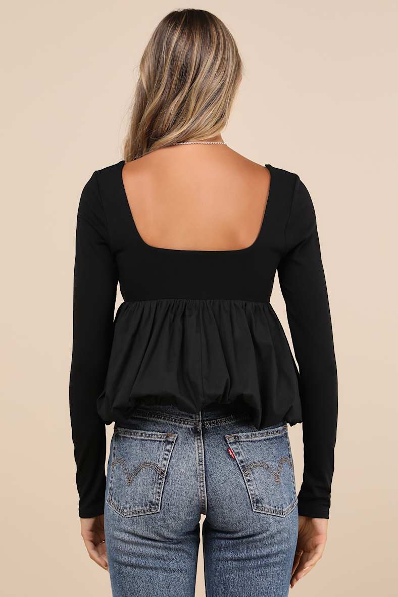 Compelling Delight Black Long Sleeve Bubble-Hem Top