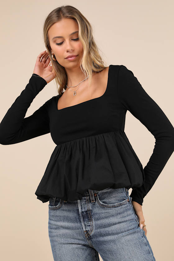 Lulus Compelling Delight Black Long Sleeve Bubble Hem Top In Black