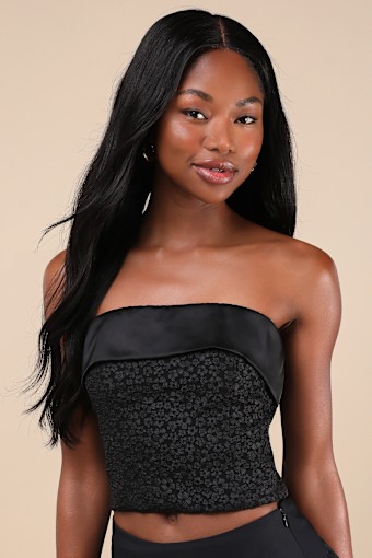 Envied Confidence Black Jacquard Cropped Strapless Top 4