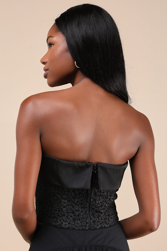 Lulus Envied Confidence Black Jacquard Cropped Strapless Top In Black