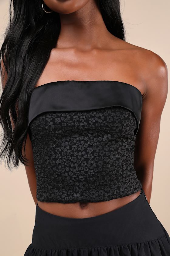 Lulus Envied Confidence Black Jacquard Cropped Strapless Top In Black