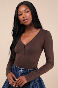 Sweet Guarantee Brown Long Sleeve Henley Top