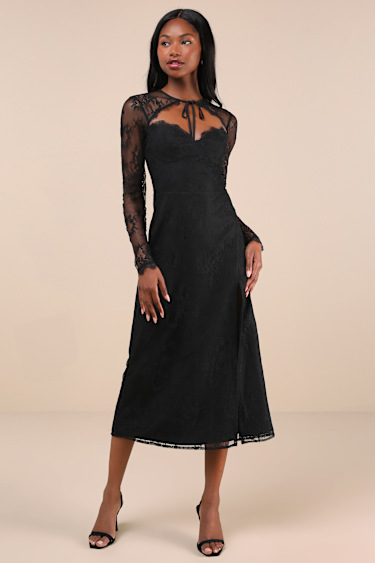 Desirably Dramatic Black Lace Long Sleeve Cutout Midi Dress