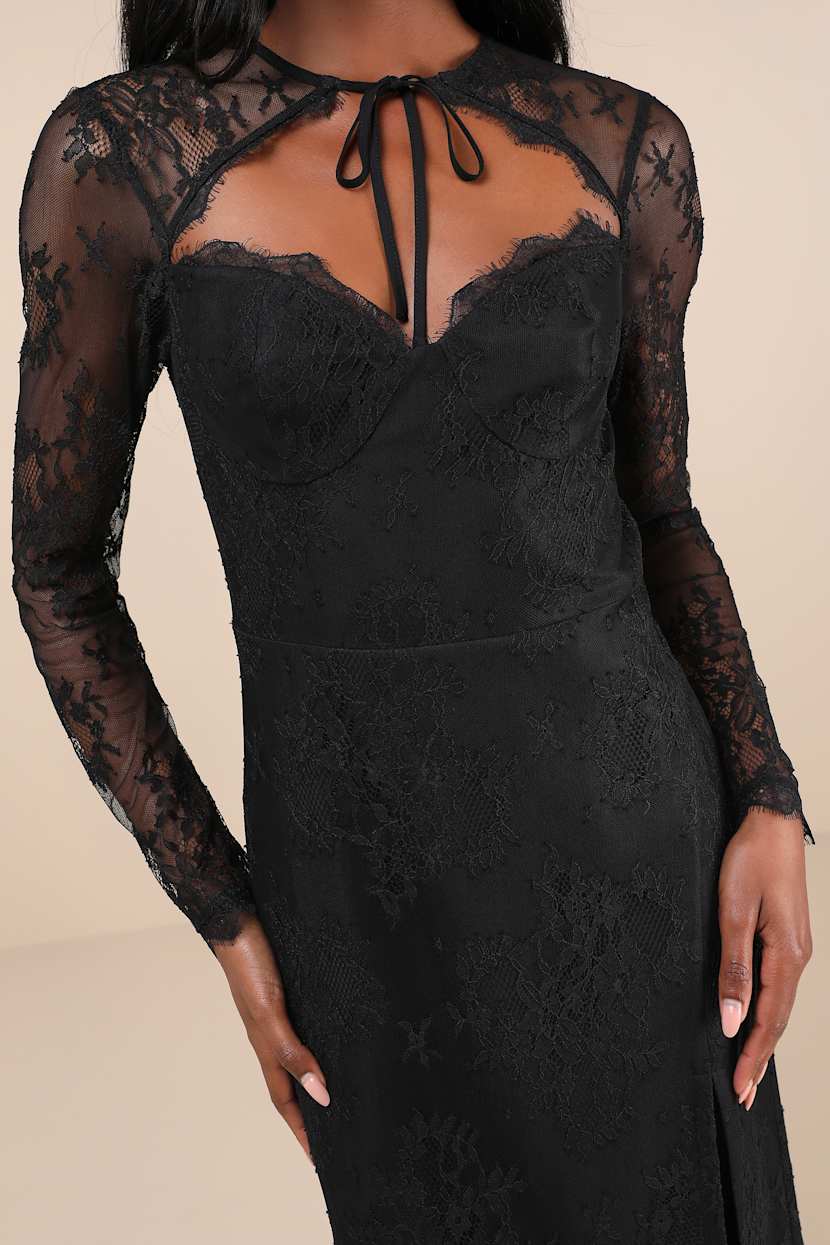 Black Lace Dress - Long Sleeve Dress - Lace Cutout Midi Dress - Lulus