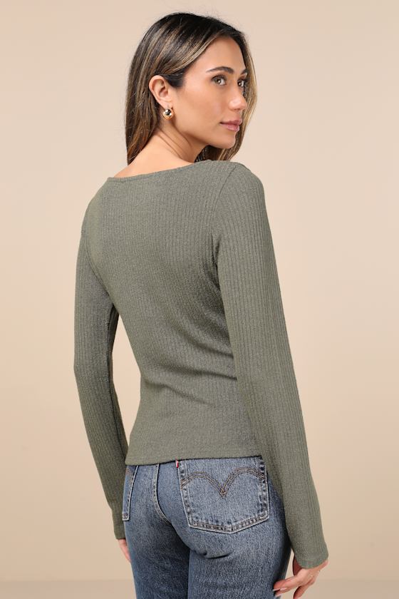 Novel Poise Olive Green Textured V-Neck Long Sleeve Top