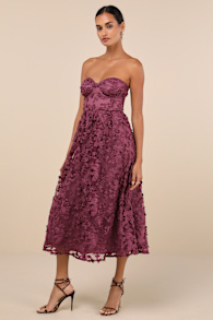 Quite Perfect Purple Floral Embroidered Strapless Midi Dress 2
