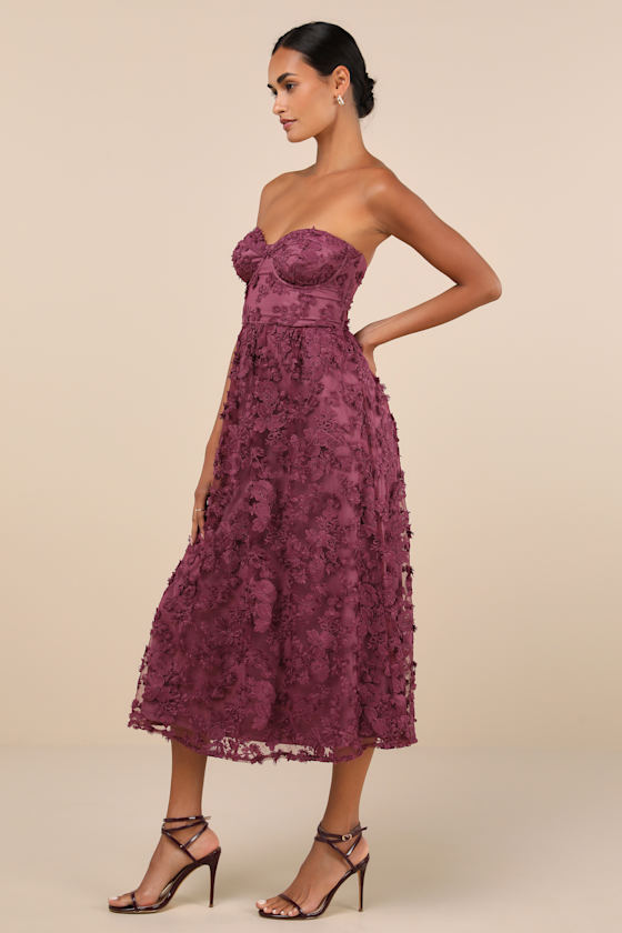 Lulus Quite Perfect Purple Floral Embroidered Strapless Midi Dress In Purple