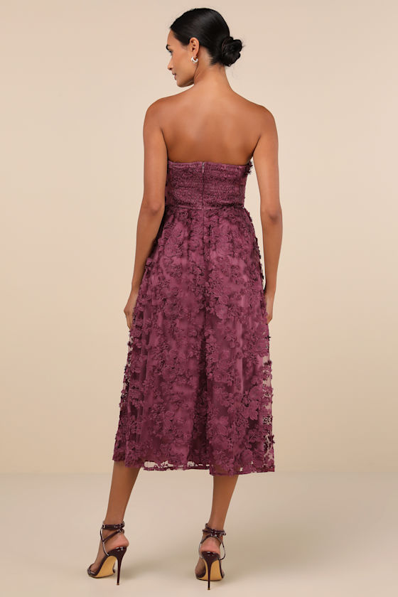 Lulus Quite Perfect Purple Floral Embroidered Strapless Midi Dress In Purple