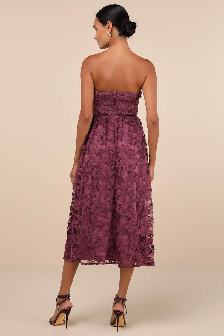 Quite Perfect Purple Floral Embroidered Strapless Midi Dress