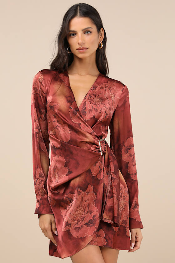 Lulus Casually Elegant Rust Floral Satin Surplice Belted Mini Dress In Brown