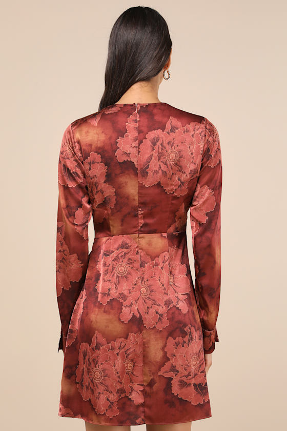 Lulus Casually Elegant Rust Floral Satin Surplice Belted Mini Dress In Brown