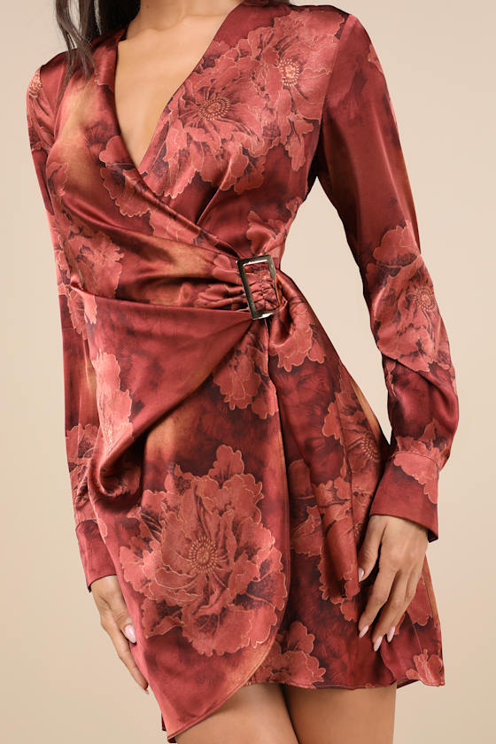 Lulus Casually Elegant Rust Floral Satin Surplice Belted Mini Dress In Brown