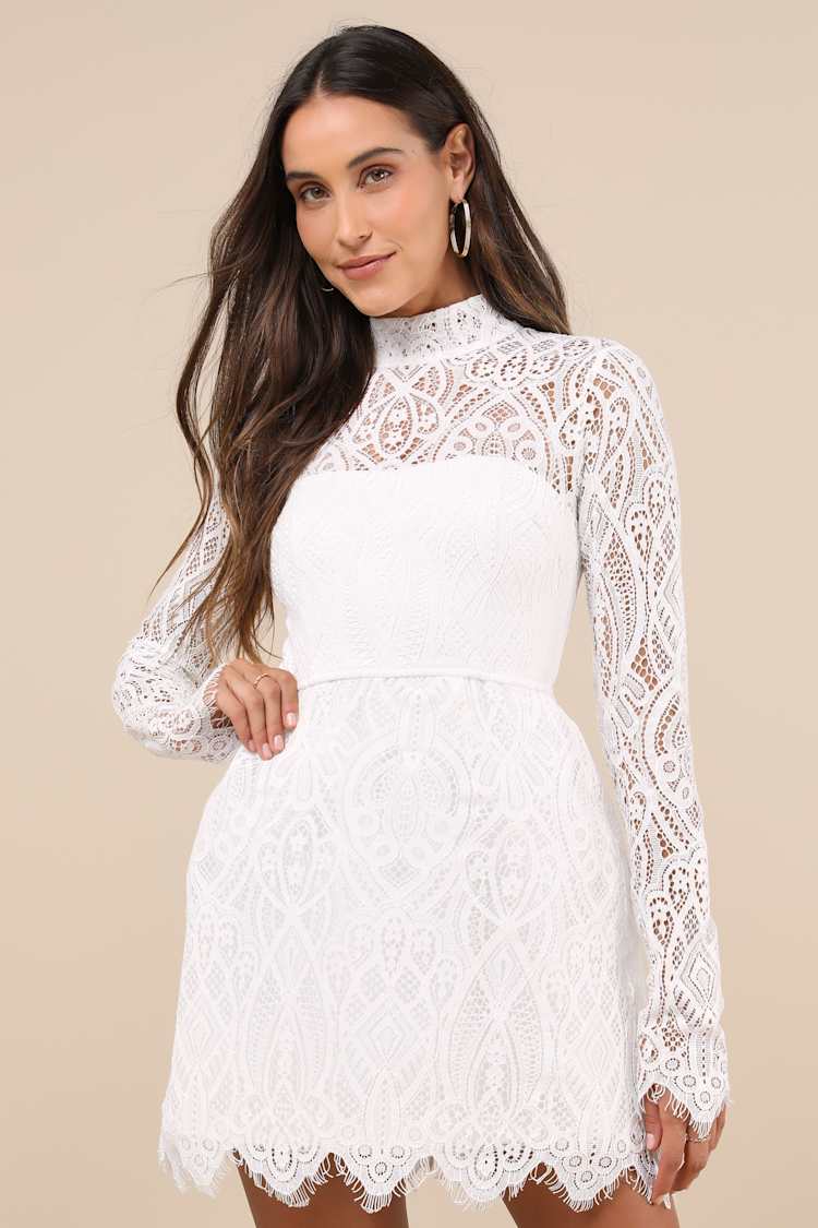 White Lace Mini Dress - Structured Dress - Long Sleeve Mini Dress  