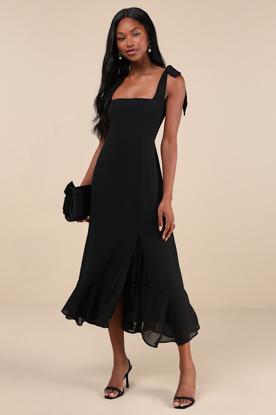 Black Chiffon Dress Tie Strap Midi Dress Tiered Midi Dress Lulus