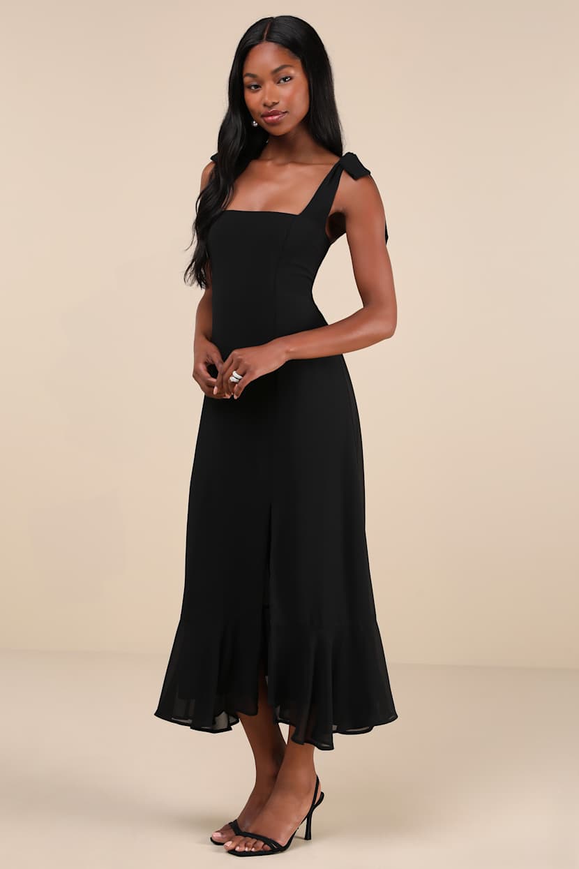 Summer Invite Black Tie-Strap Tiered Midi Dress