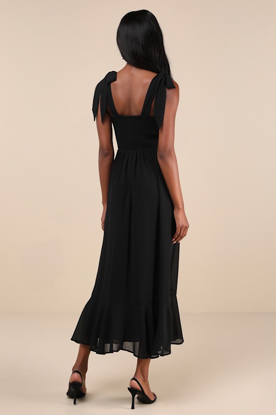 Lulus Summer Invite Black Tie-strap Tiered Midi Dress In Black