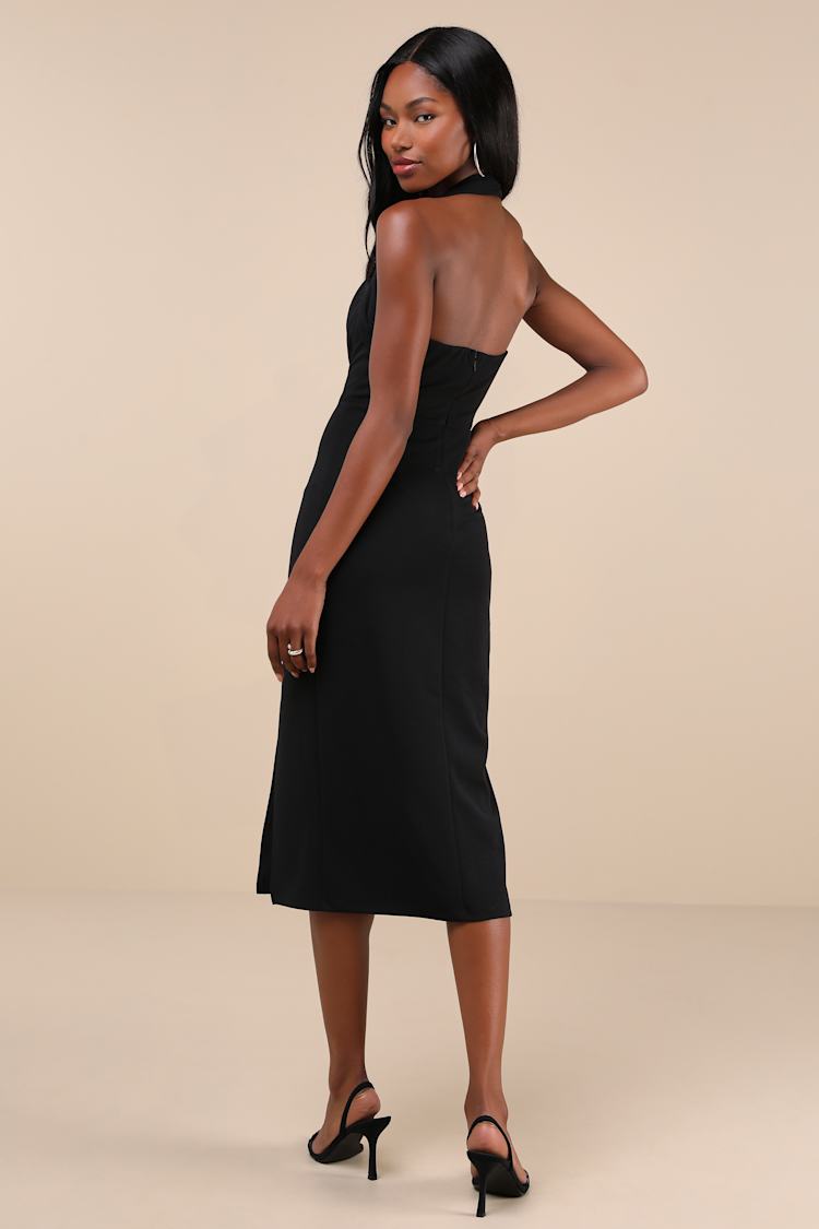 Irresistible Silhouette Black Backless Bustier Halter Midi Dress