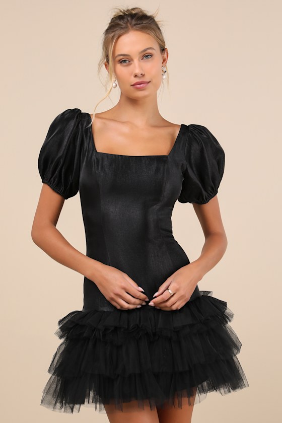 Image of Notably Fabulous Black Taffeta Tiered Puff Sleeve Mini Dress