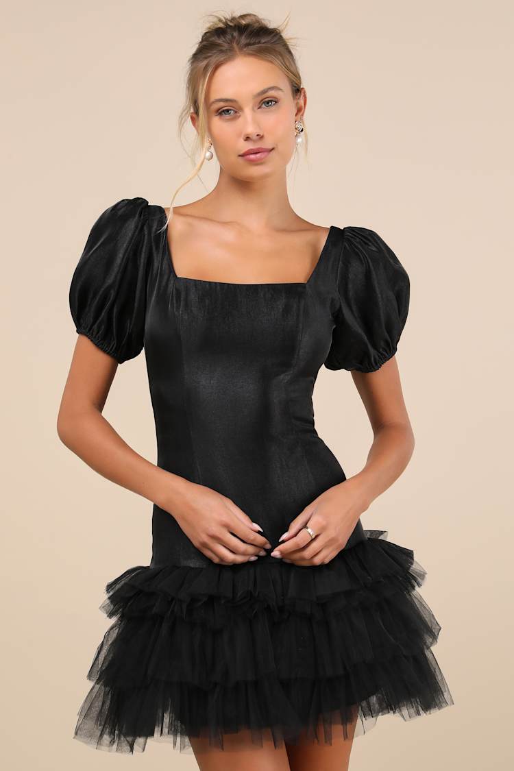 Black Mini Dress - Puff Sleeve Mini Dress - Tiered Tulle Dress - Lulus